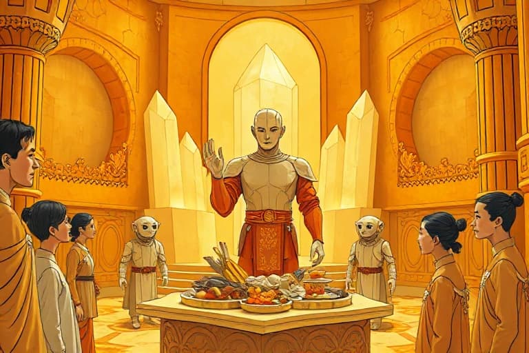 The spread before them defied logic—each morsel crafted from paper-thin delicacies, yet somehow radiating warmth and aroma. The Keeper of Provisions gestured with ochre grace: *Please, partake.*